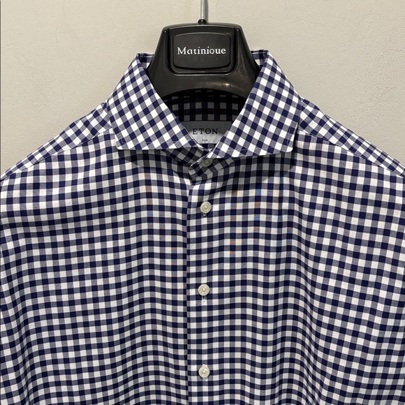 Eton Navy White Gingham Dress Shirt 16.5 Slim Fit Cotton Luxury Check - Picture 5 of 14